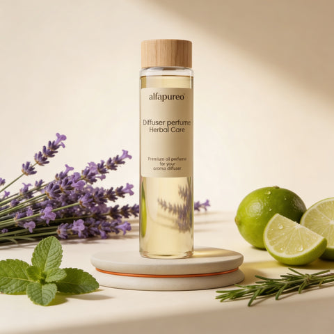 Aroma olej Herbal Care AlfaPureo s dreveným viečkom na kamennom podstavci, okolo levanduľa, mäta, limetky a rozmarín