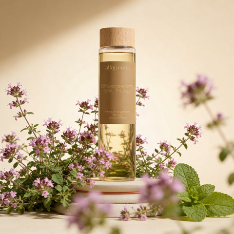 Aroma olej Spiro Therapy AlfaPureo s dreveným uzáverom na kamennom podstavci medzi kvitnúcimi bylinkami a mätou