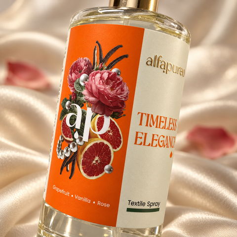 Detail etikety Timeless Elegance AlfaPureo s vypuklým zlatým logom, ružou, grapefruitom a vanilkou na hodvábnom pozadí